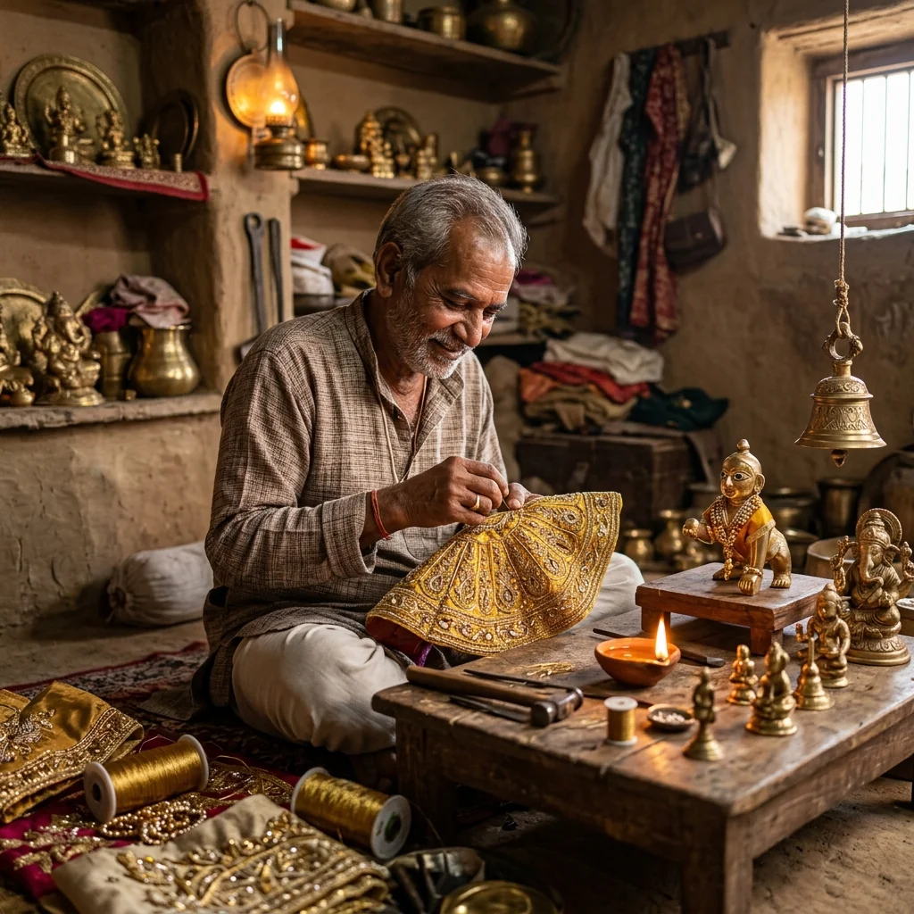 Master Indian Artisan Crafting Sacred Devotional Attire & Brass Murtis